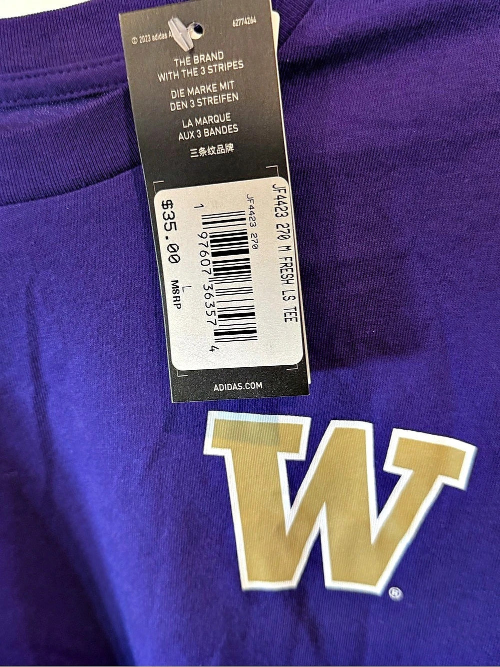 Washington Huskies, Adidas Fresh Long Sleeve Tee - Men's Medium